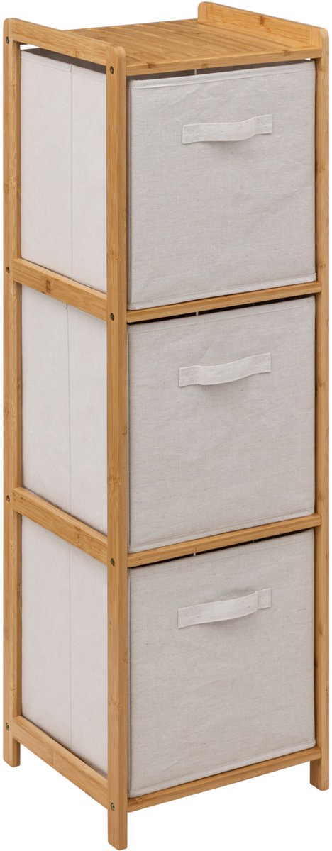 5Five Opbergkast met 3 polyester manden - 3 lagen - bamboe - beige - 35 x 33 x 109 cm