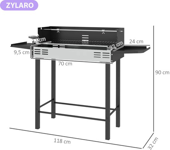 Premie 2-in-1 Houtskool Barbecue - Smoker Barbecue - Houtskoolgrill - met Verstelbaar Grillrooster, 1 Draaispit, Wielen - BBQ voor Kamperen, Buiten, Tuin - 118 x 32 x 90 cm - Zwart + Zilver van Merkloos — afbeelding 2