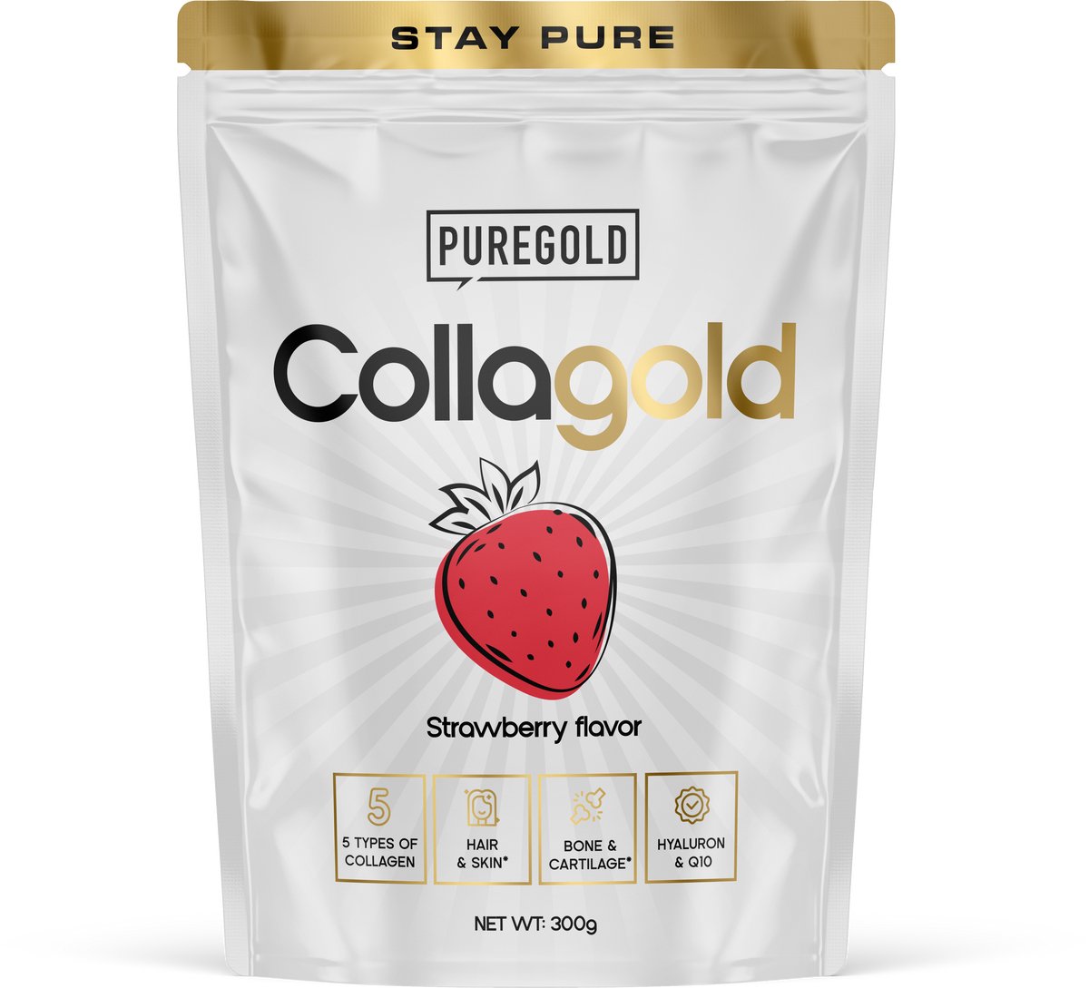 Pure Gold CollaGold Collageen Poeder – 300g – 25 Porties – 5 Types Collageen met Hyaluronzuur, Q10, Vitamine C & Zink – Aardbei
