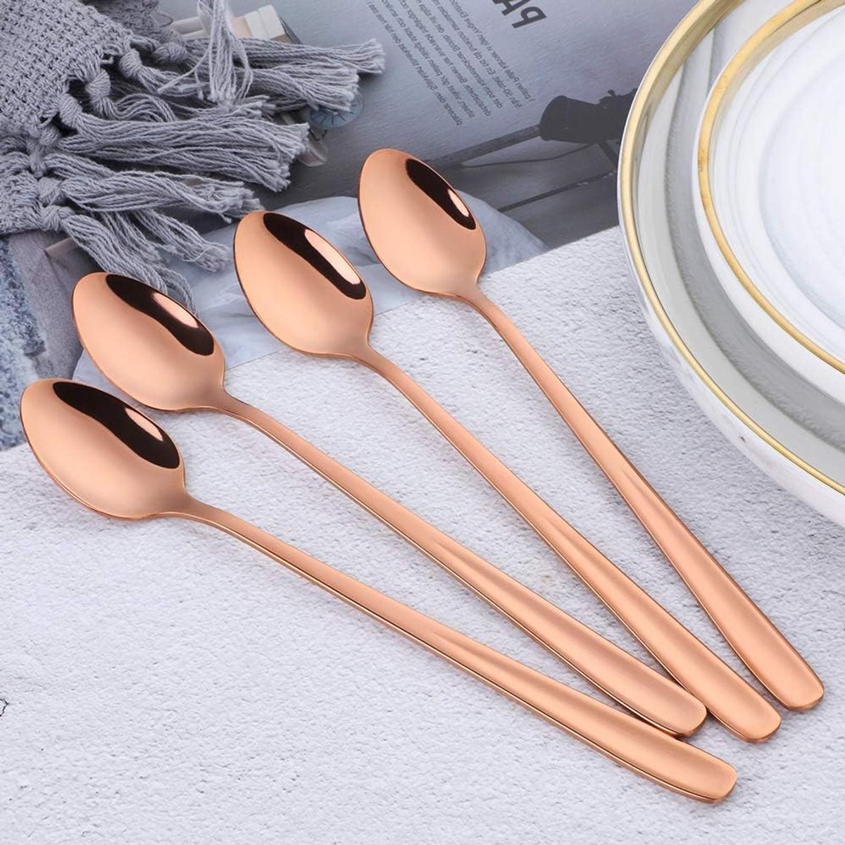 Roze Gouden RVS Latte Lepels - 4 Stuks Lange Handgreep Sundae Lepels voor Warme Dranken, Vaatwasserbestendig en Ideaal voor IJs en Chocolademelk