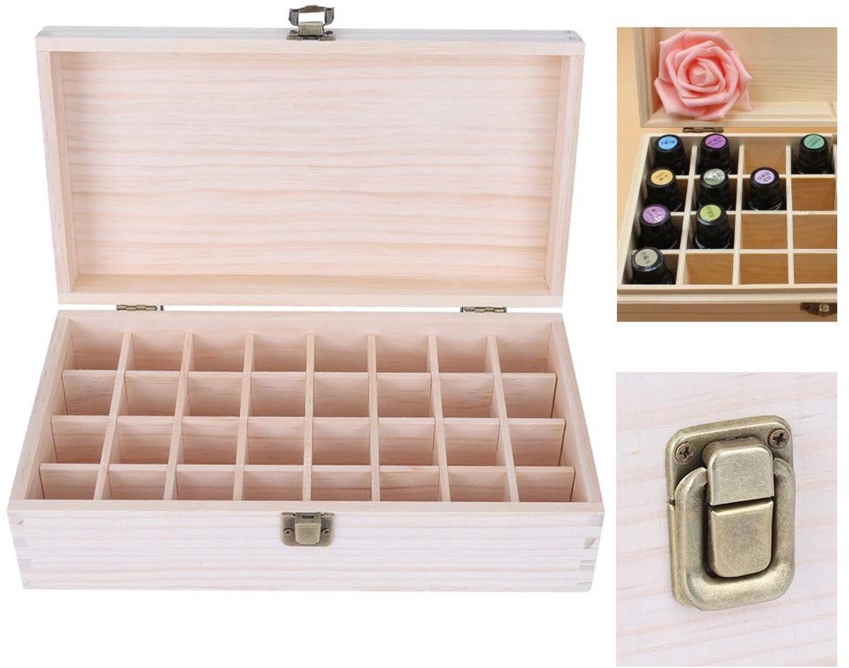 Allecto - Box of Essential Oils - Houten opslagbox - Handgemaakt - 32 Compartimenten - Ideaal voor aromatherapie - Lichtgewicht en waterbestendig