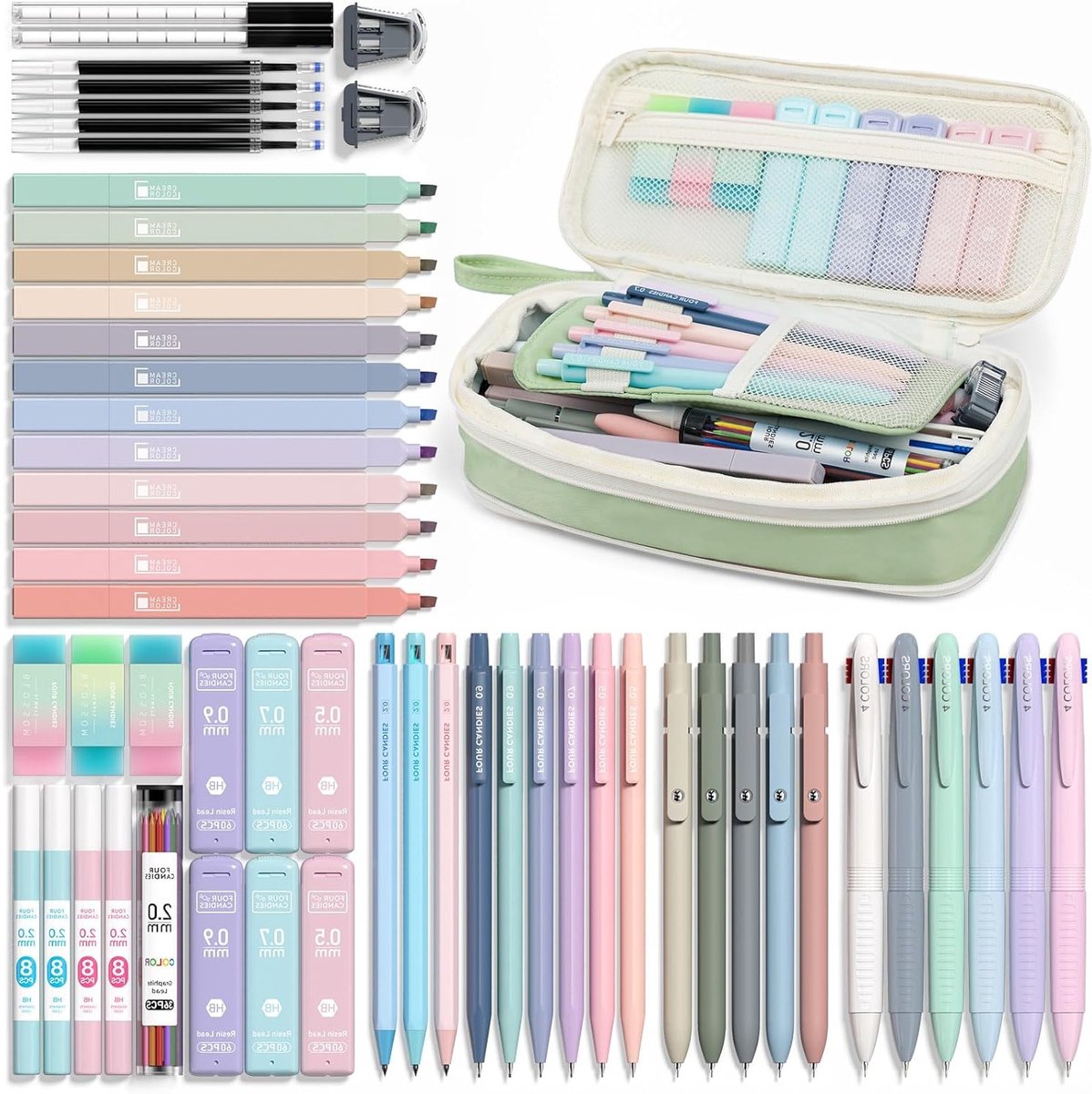 Aesthetic School Supplies Set met 56 Stuks: Pennen, Hooglighters, Gelpennen en Mechanische Potloden voor Studenten, Perfecte Stationery voor Creatieve Projecten