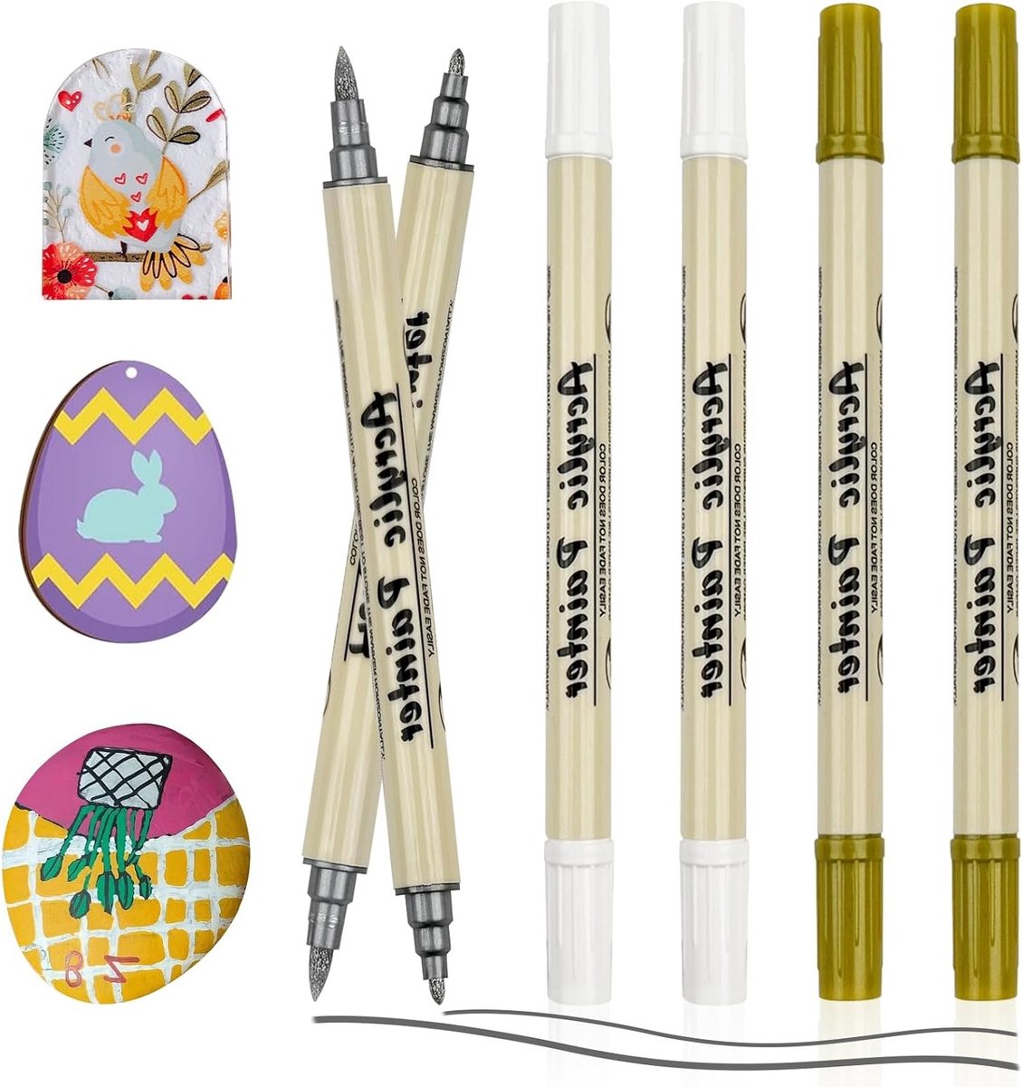Waterproof Verf Pennen Set - Fijne Tip Acryl Markers in Wit, Goud en Zilver, Dubbel Tip Brush Pens voor Creatieve Projecten op Keramiek en Steen