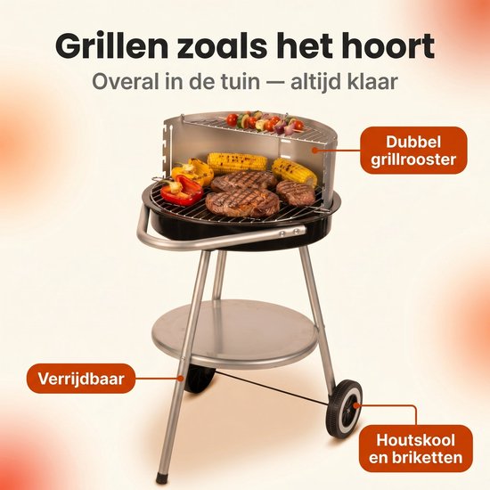 Cheqo® Houtskool Barbecue - BBQ - Houtskoolbarbecue - Ronde Barbecue - Tuinbarbecue - Houtskool Grill - BBQ op Wielen - Verrijdbare Barbecue met Onderrek - Dubbel Grillrooster - Voor Houtskool en Briketten - Voor Tuin en Camping - Zwart van Cheqo — afbeelding 3