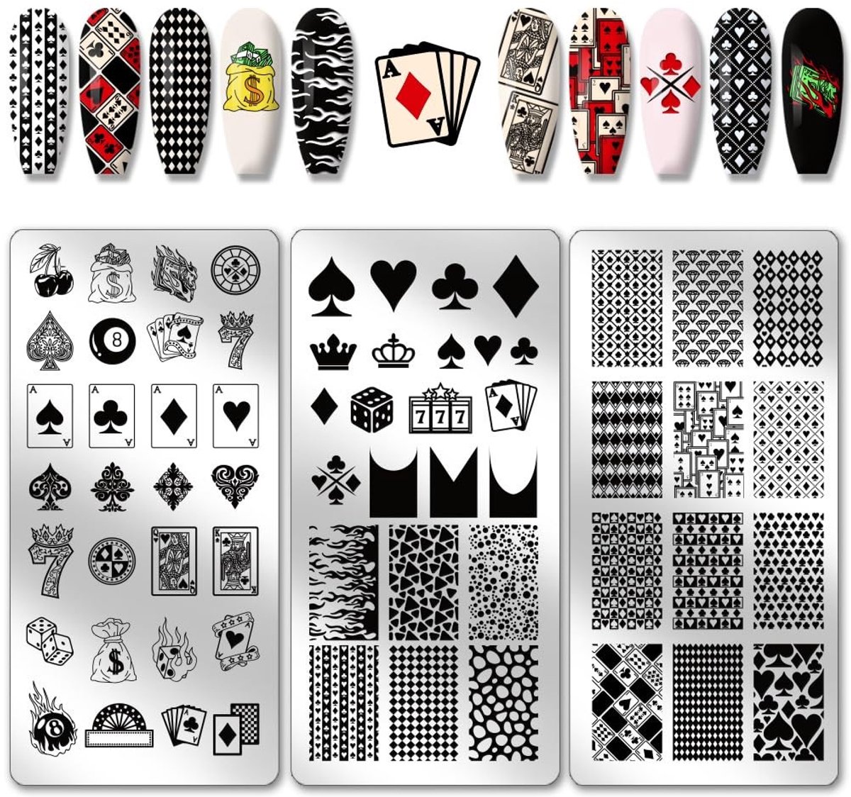 Allecto - Poker Elements Nagelstempels - 3 Stuks - Voor creatieve nagelkunst - 6 cm x 12 cm - Stalen Nagelplaat - Voor vrouwen - Nail Art Sjablonen