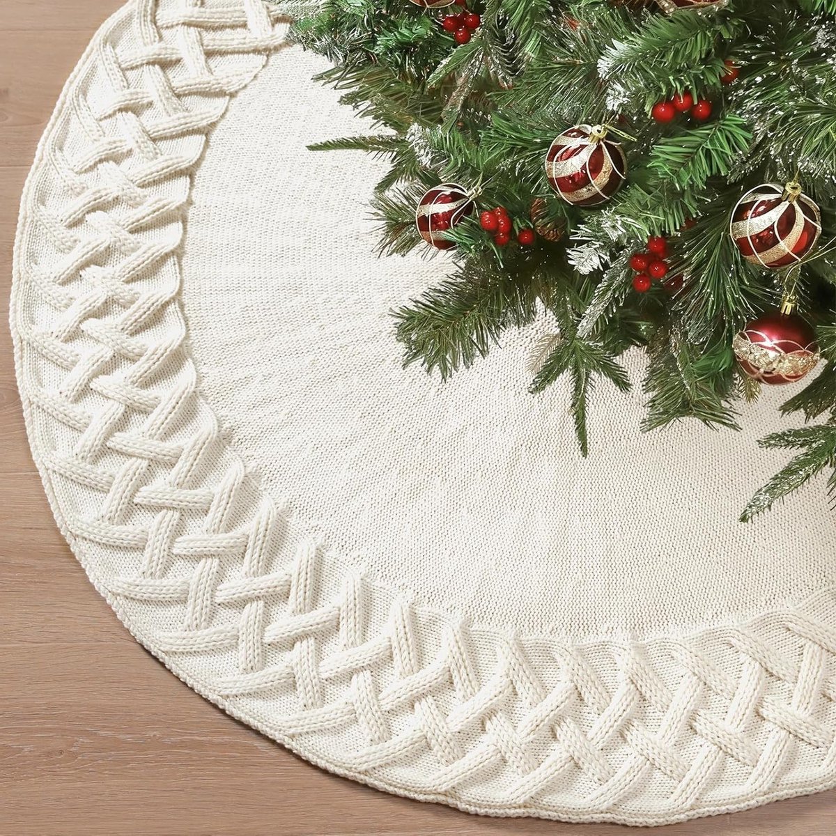 Grote Kerstboomrok 48 Inch Rood Gebreid - Kerstboomdeken, Rond Tapijt voor de Feestdagen, Perfect voor Kerstversiering en Nieuwjaar