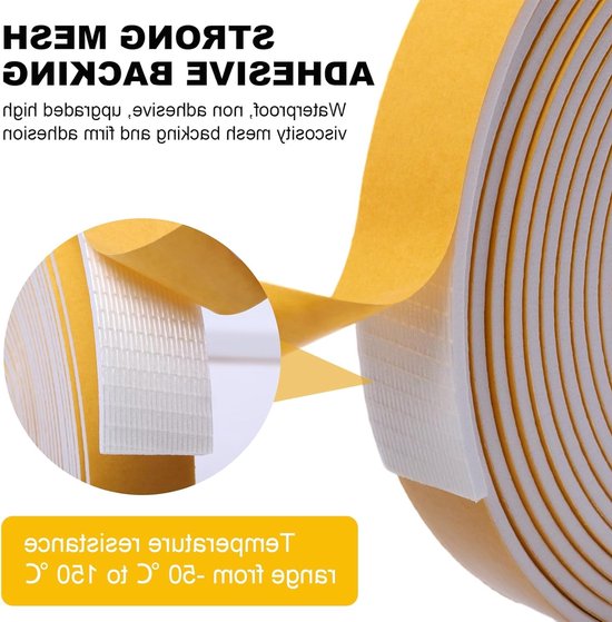 Dikke Zelfklevende Schuimstrip 12mm x 10mm voor Isolatie van Deuren en Ramen, Geluiddempende en Schokbestendige Weerstrip (2 m Lang, 2 Rollen) — afbeelding 2