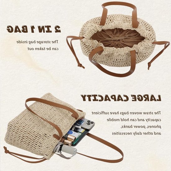 Zomerse Stro Strandtas voor Vrouwen - Handige Tote Bag, Gevlochten Schoudertas en Clutch voor Vakantiegebruik van Merkloos — afbeelding 3