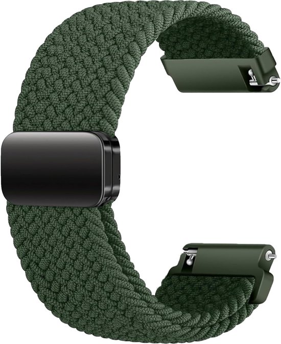 Bracelet de montre tissé vert uni avec boucle noire.