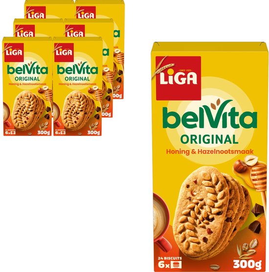 LiGA BelVita Koekjes Honing & Hazelnoot - Doos 6 x 300g - Koek - Koeken voor Onderweg of Werk en Kantoor