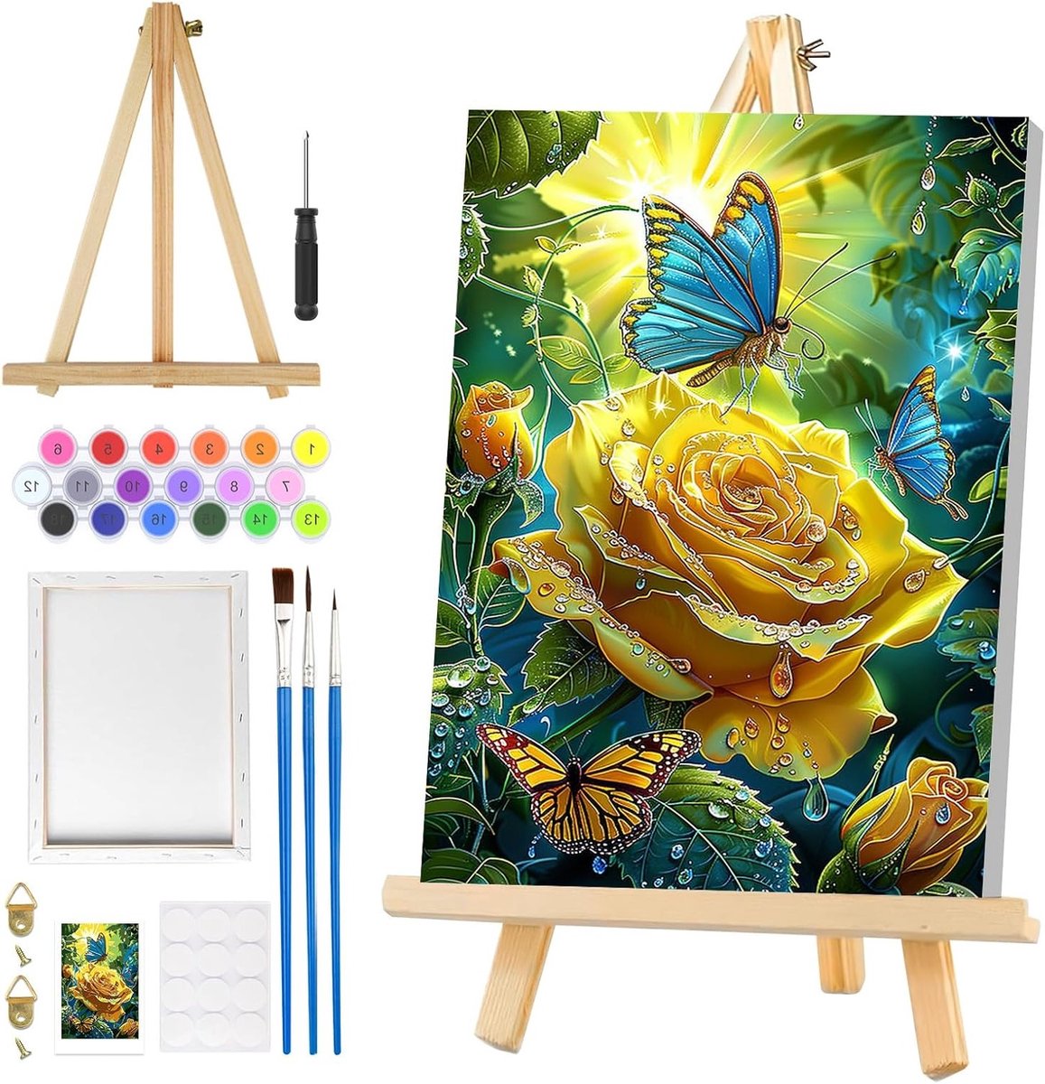 Schilderen op nummer voor volwassenen met lijst, eenvoudige DIY schilderkits met vlinders en rozenlandschap voor beginners
