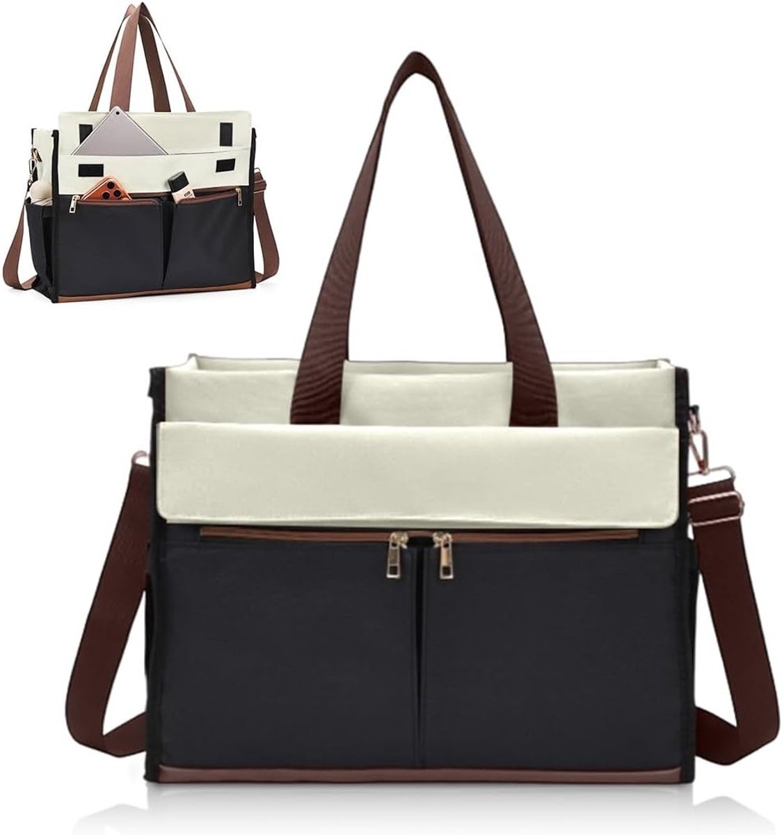 Grote 2-in-1 Lunchtas voor Vrouwen, Handtas met Laptopcompartiment, Waterdicht en Geschikt voor Werk, School en Zaken, Crème Kleuren