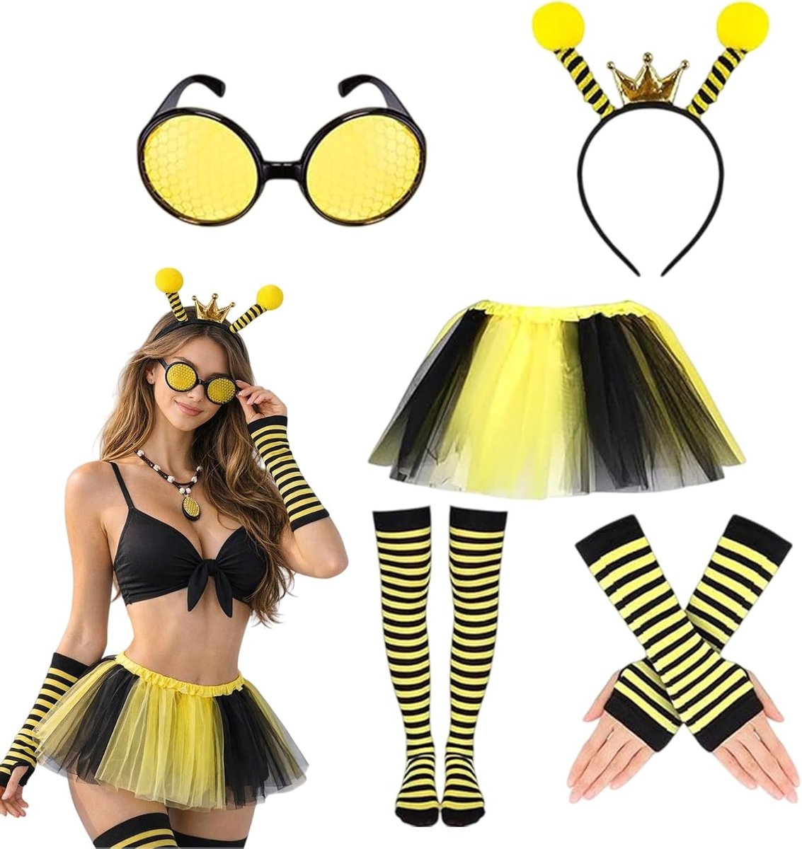 Vrouwelijk Bij Kostuum met Tutu Rok, Antenne Hoofdband, Gestreepte Kousen en Lange Handschoenen voor Carnaval, Halloween en Themafeesten