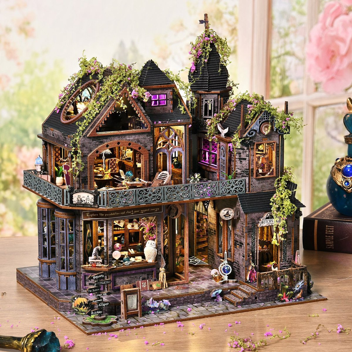 Premium Miniatuur XXL bouwpakket (Extra groot) - DIY Houten 3D Puzzel Magic House met LED Verlichting, Bewegingssensor & Muziekdoos – Book Nook Boekensteun Miniatuur Bouwpakket – Cadeau voor Volwassenen (15+) — afbeelding 8