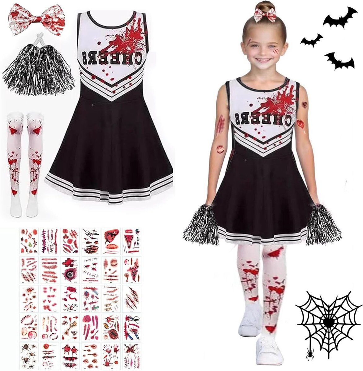 Zombie Cheerleader Kostuum voor Meisjes, Halloween Outfit met Pompoms, Bloed Tattoos en Accessoires