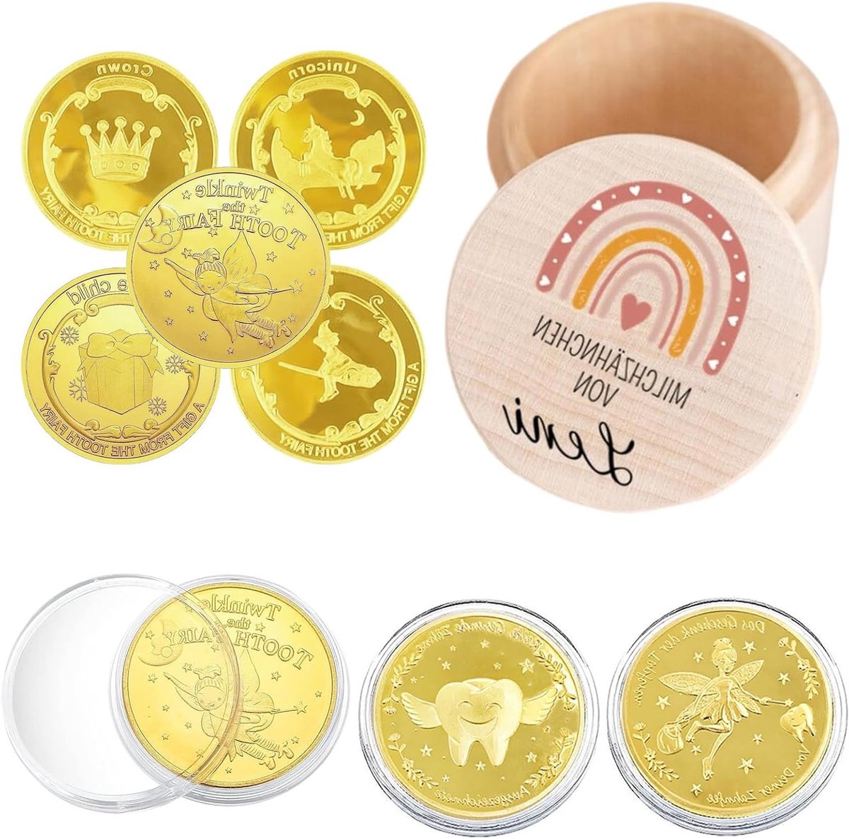 Houten Tandenborstel Set met Gouden Munt, Schattige Melktanden Doos voor Kinderen, Perfecte Verjaardagscadeaus voor Peuters en Kinderen die Hun Tanden Verliezen