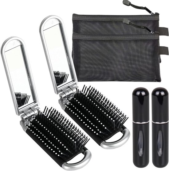 Set van 2 Mini Reis Haarborstels met Spiegel, Vouwbare Kam, 2 Parfum Atomizers en Make-up Tas voor Haarstyling en Reizen