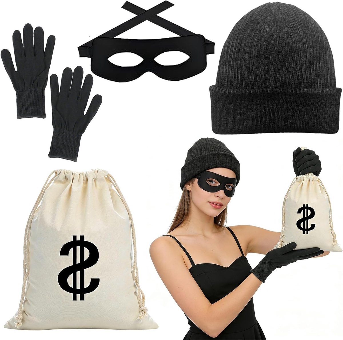 Complete Bankoverval Kostuum Set met Gebreide Muts, Masker, Handschoenen en Handtas voor Carnaval en Cosplay Feesten
