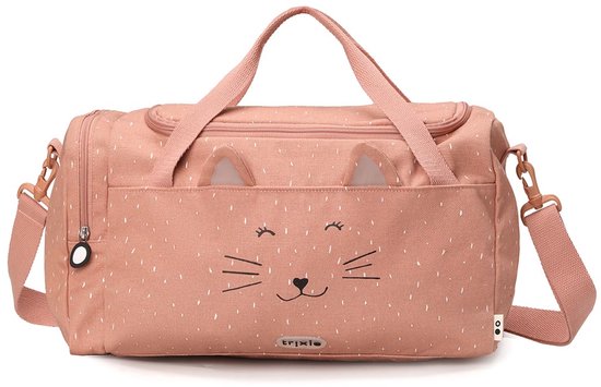 Sac de sport rose à imprimé chat et oreilles de chat, avec visage 'Mme Chat'.