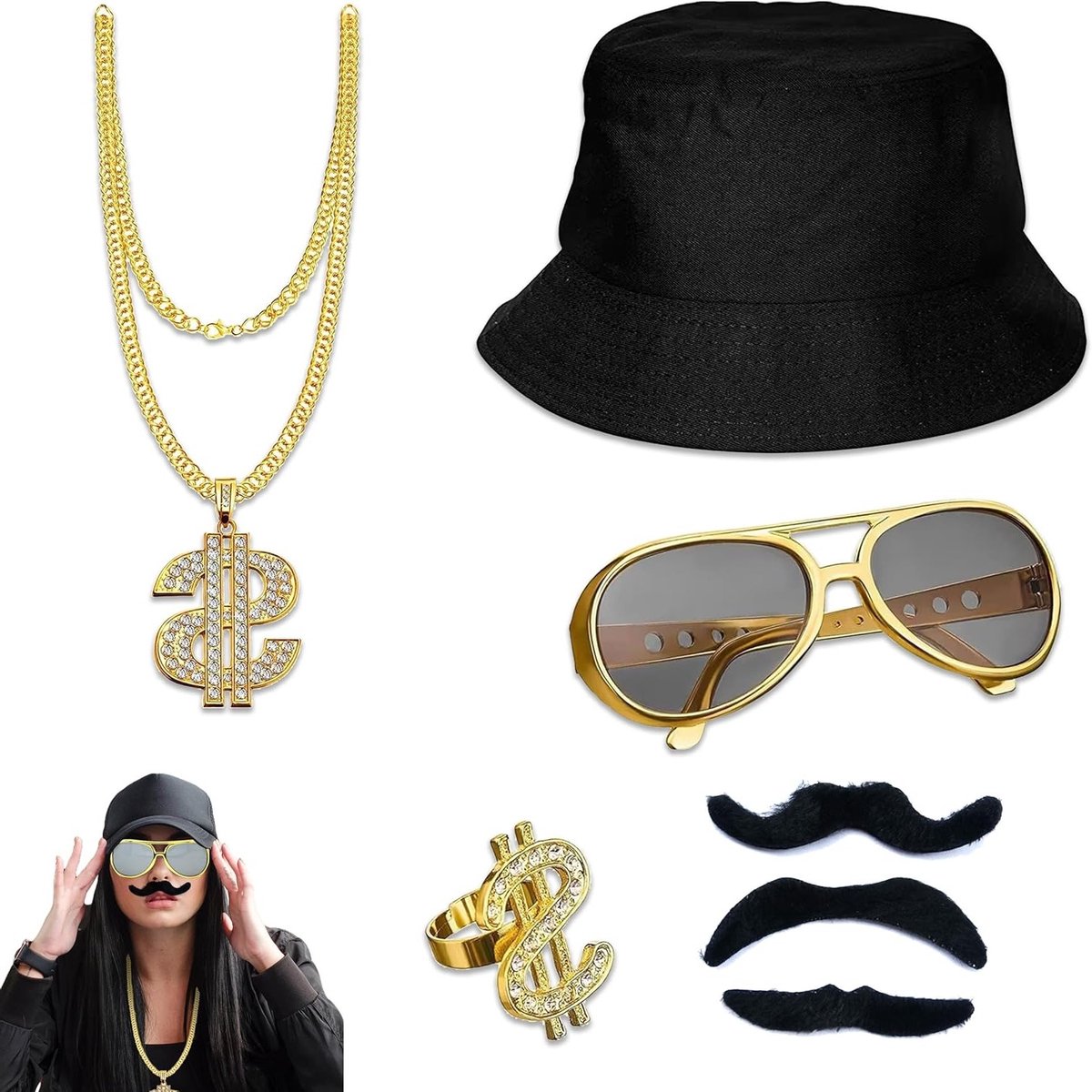 Complete Hip Hop Kostuum Set met 5 Stukken: 80s en 90s Rapper Accessoires, inclusief Bucket Hat, Zonnebril, Dollar Ketting, Ringen en Kunstmatige Baard voor Mannen en Vrouwen