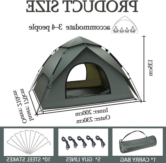 Ruime 3-Persoons Camping Tent, Pop-Up en Waterdicht, Automatische Tent met Afneembare Tarpaulin voor Trektochten en Gezinnen — afbeelding 3