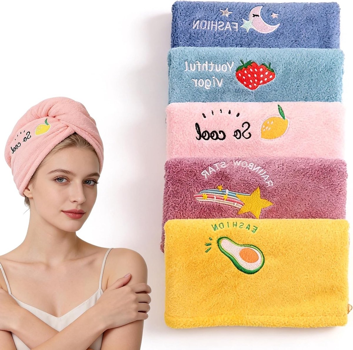 Set van 5 Microvezel Haarturbans en Handdoeken voor Lang, Kort, Krullend en Steil Haar in 5 Kleuren