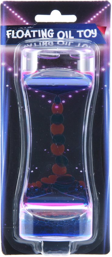 Verpakte zandloper met de tekst "FLOATING OIL TOY" en blauwe en rode bubbels.