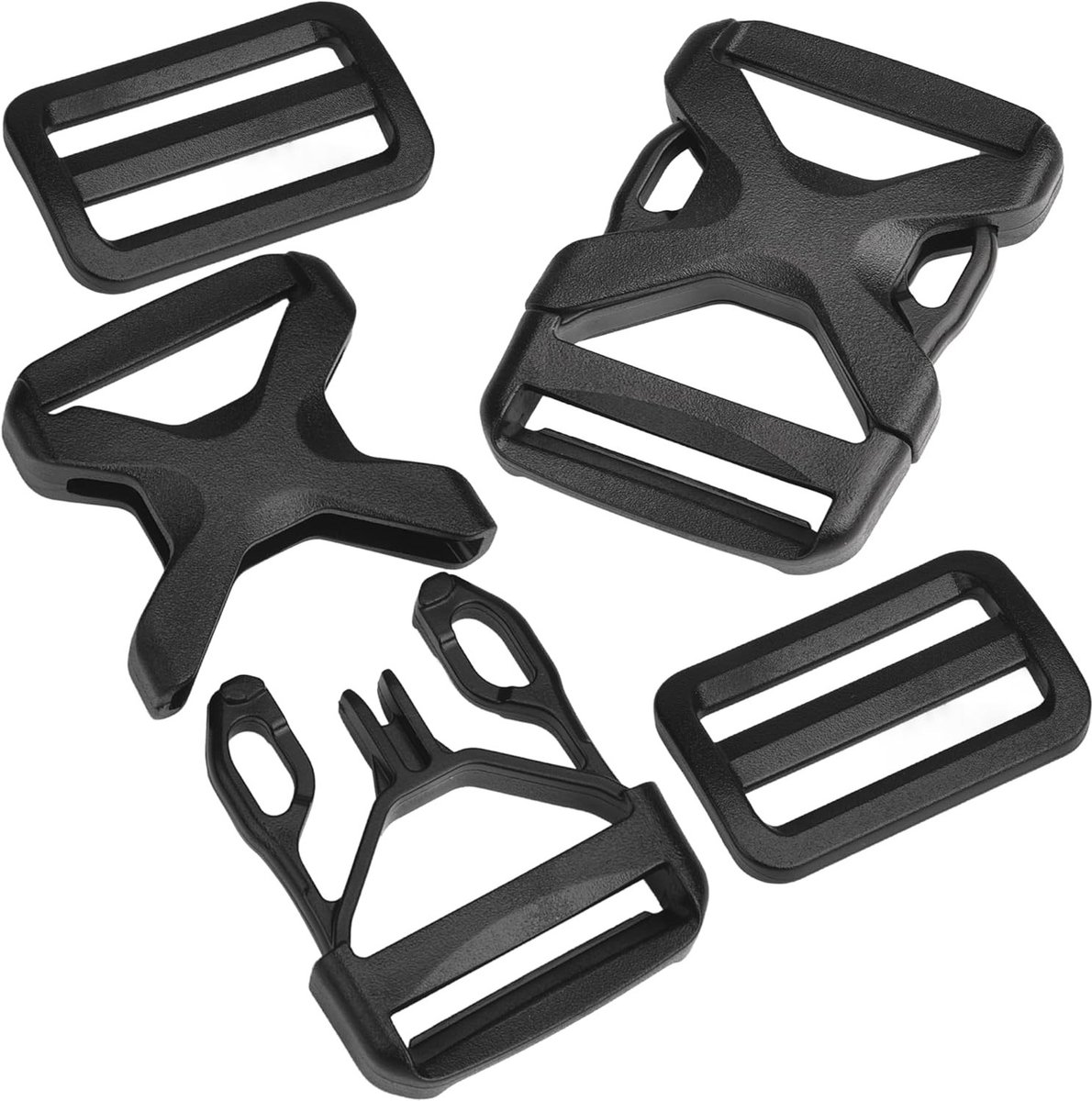 Plastic boucles met zijdelingse en driedubbele hoekcursor, platte sluitingen en schouderbandbevestiging voor riemen en tassen.