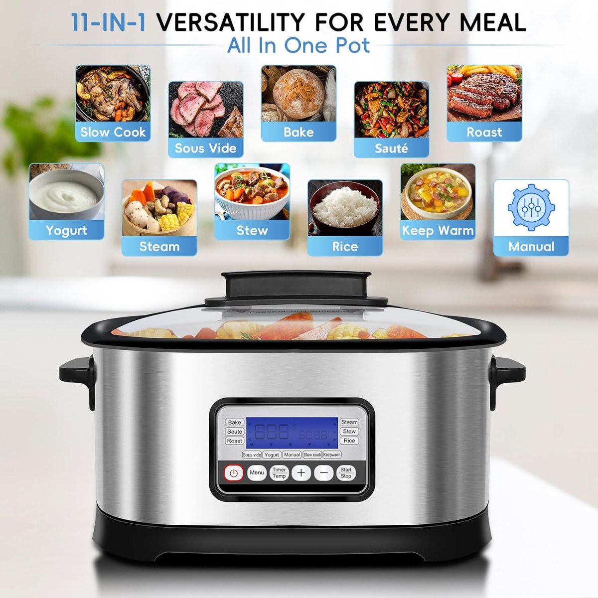 Programmeerbare Slowcooker 11-in-1 Multi-Cooker Elektrisch 6.5 Liter Antiaanbaklaag – foto 2