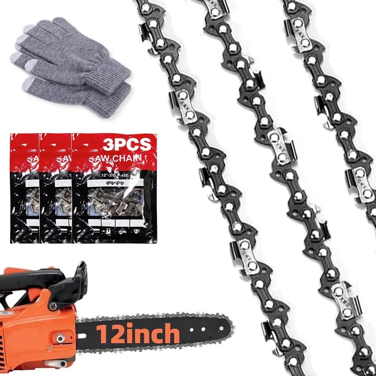 Dailygoods- Zaagkettingen 3/8 inch LP - 1,3 mm aandrijflinkdikte - 45 aandrijflinks - Geschikt voor Husqvarna/Makita - Inclusief handschoenen - 30 cm zaagbladlengte - Zaagketting