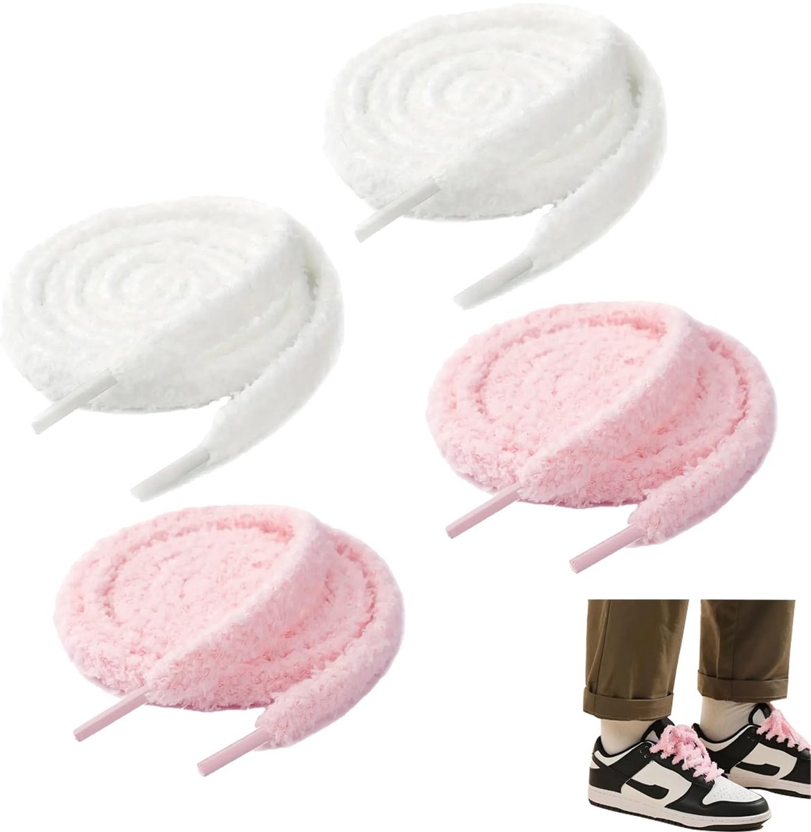Dailygoods- Veters 120 cm - Fluffy Veters - Zacht - Duurzaam - Voor Sneakers - 4 Stuks - Trendy uitstraling - Schoenveters