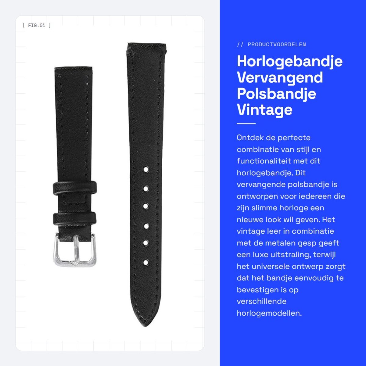 Dailygoods- Horlogebandje Universeel - Vervangend Horlogebandje - Metalen Gesp - Vintage Leer - 12mm/22mm - Zwart - Horlogeband