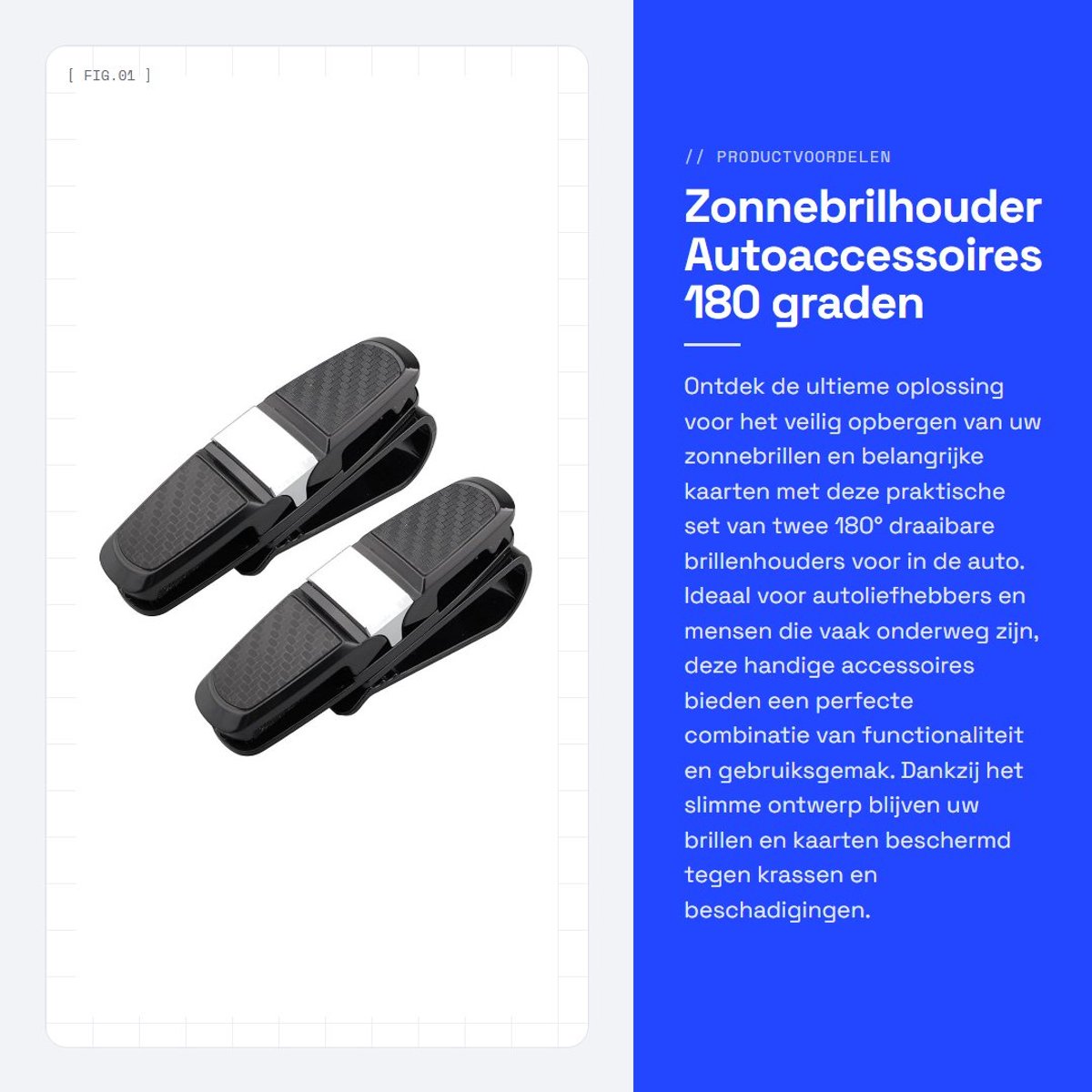 Dailygoods- Brilhouder 180° Rotatie - Zonnebrilhouder Auto - Brilhouder voor Auto - Zelfklevend - Geschikt voor 2 Pairs - ABS Kunststof
