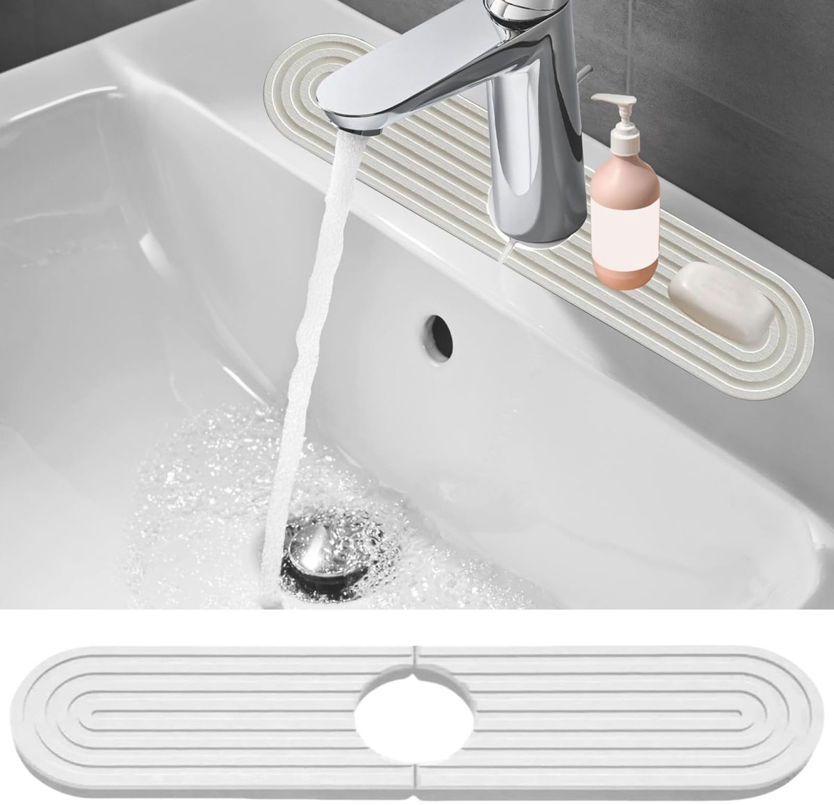 Dailygoods- Kraanmat Antislip - Diatomeeënaarde Droogmat - Spatbescherming - Waterabsorberend - 39,9 cm x 9,9 cm - Middengat 6,4 cm - Drogende Mat