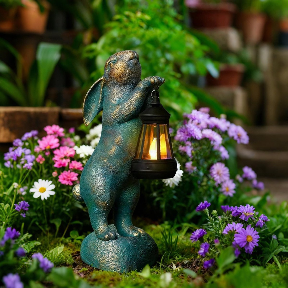 Dailygoods- Tuinfiguren met lantaarn - Waterdicht konijn - Tuindecoratie voor buiten - Grappige zonnelamp - Harsfiguur - Duurzaam en weerbestendig
