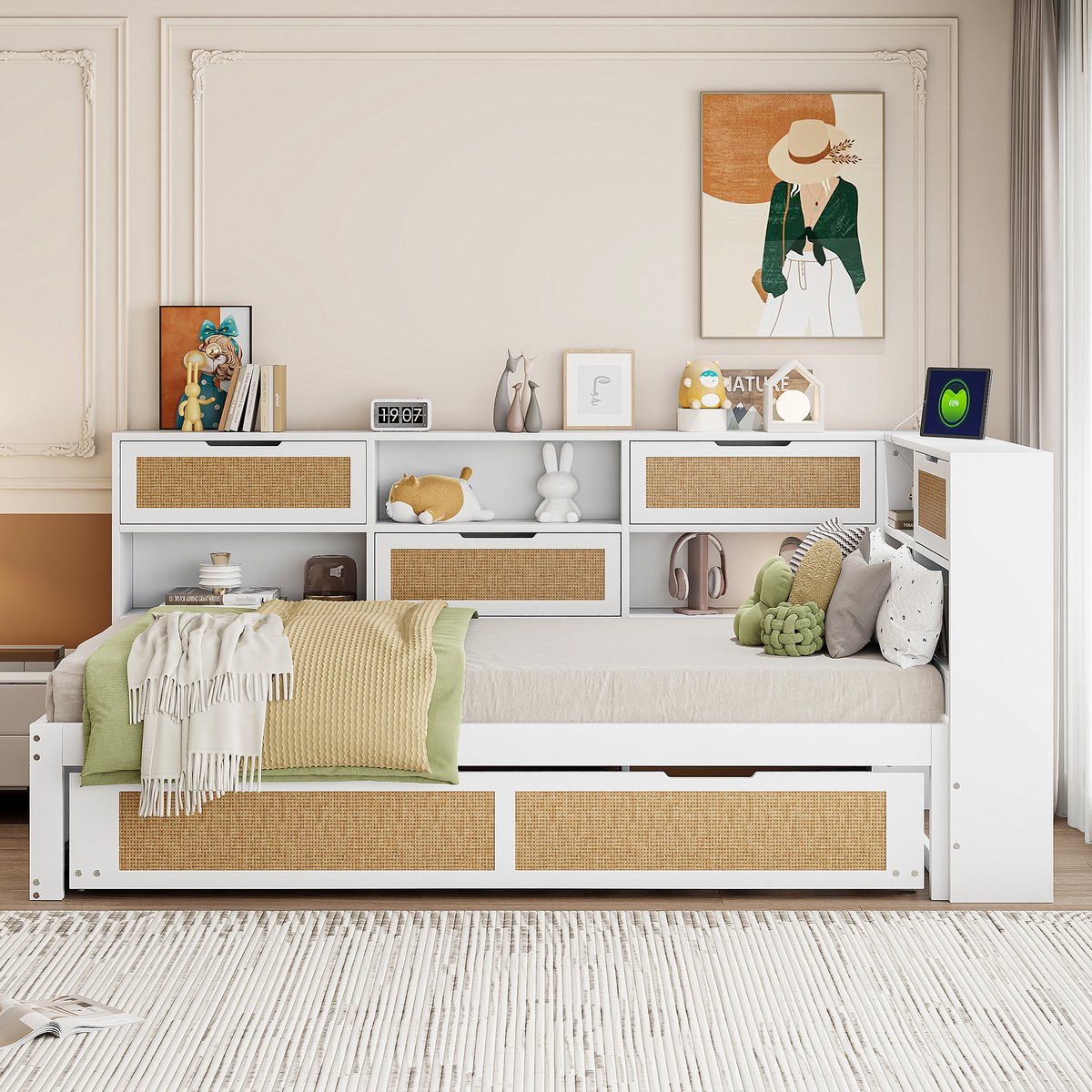 DESMIU Multifunctioneel Bed 90x200cm Met Matras – Uitklapbed Voor 2 Personen – Opbergvakken En Oplaadaansluitingen – Jeugdkamer En Logeerkamer – Massief Hout En Rotan – Wit