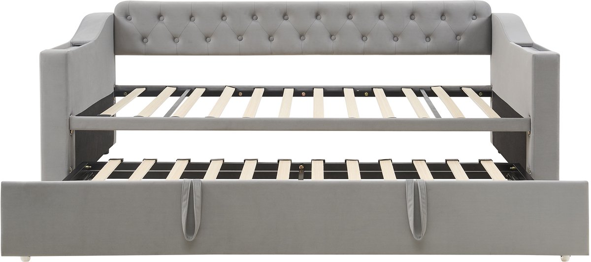 DESMIU Gestoffeerde Bedbank 90x190cm - Uitklapbaar Bed Met Ladefunctie En Opbergruimte - Voor Gasten En Slaapkamer - Fluweel - Grijs - Zonder Matras
