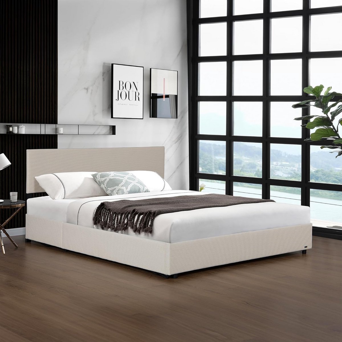 Gestoffeerd bedframe - Opklapbaar bed - Slaapkamer inrichten - Geïntegreerde opbergruimte 