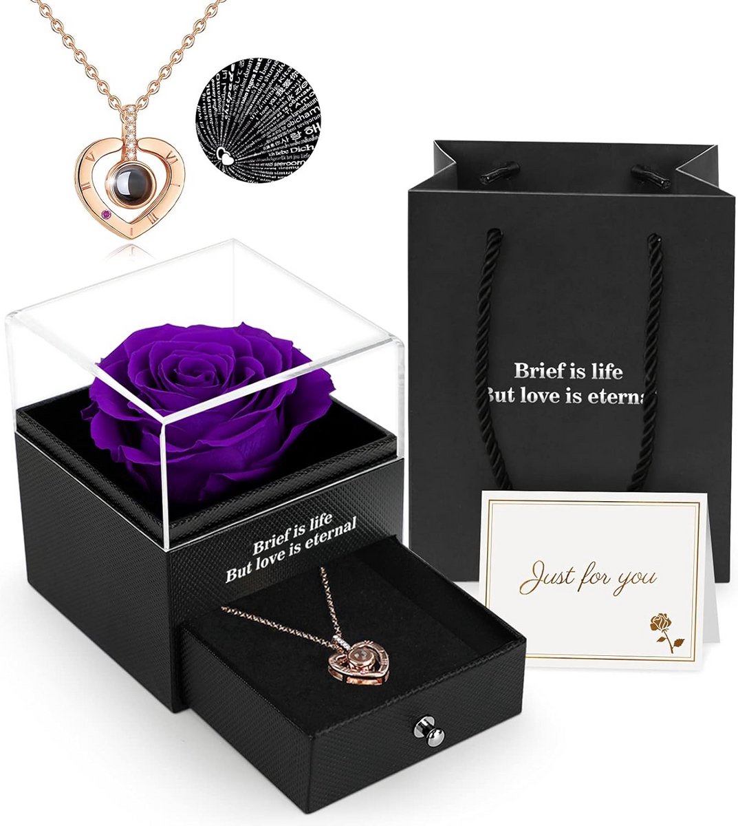 Eeuwige Roos - Echte Bloem - Romantisch Cadeau - Met 'Ik Hou Van Jou' Ketting - 12 cm - Paars