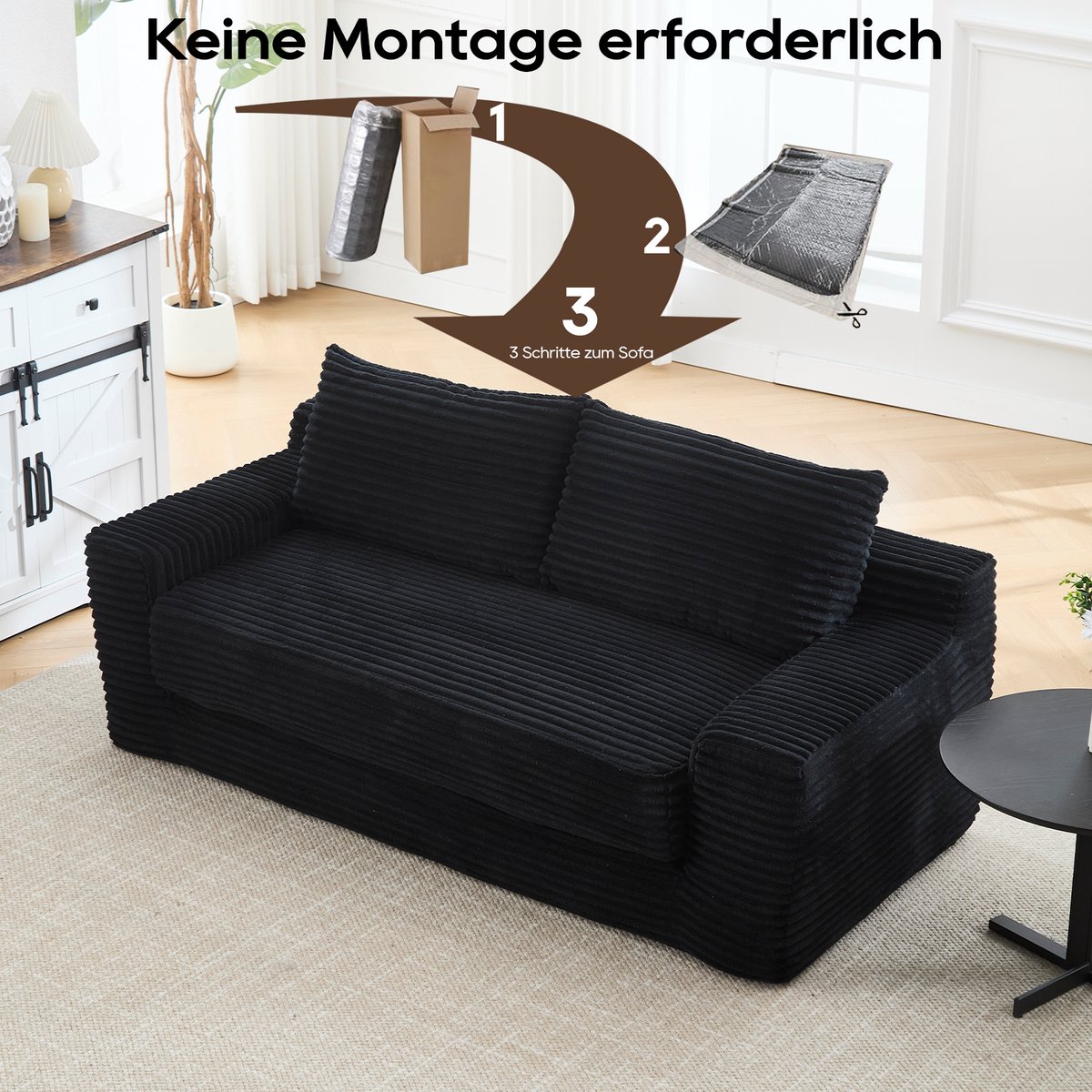 OKWISH Slaapbank 2-Zits - 2-In-1 Uitklapbaar Sofa En Bed - Compact Voor Kleine Ruimtes En Logees - Stoffen Bekleding - Zwart