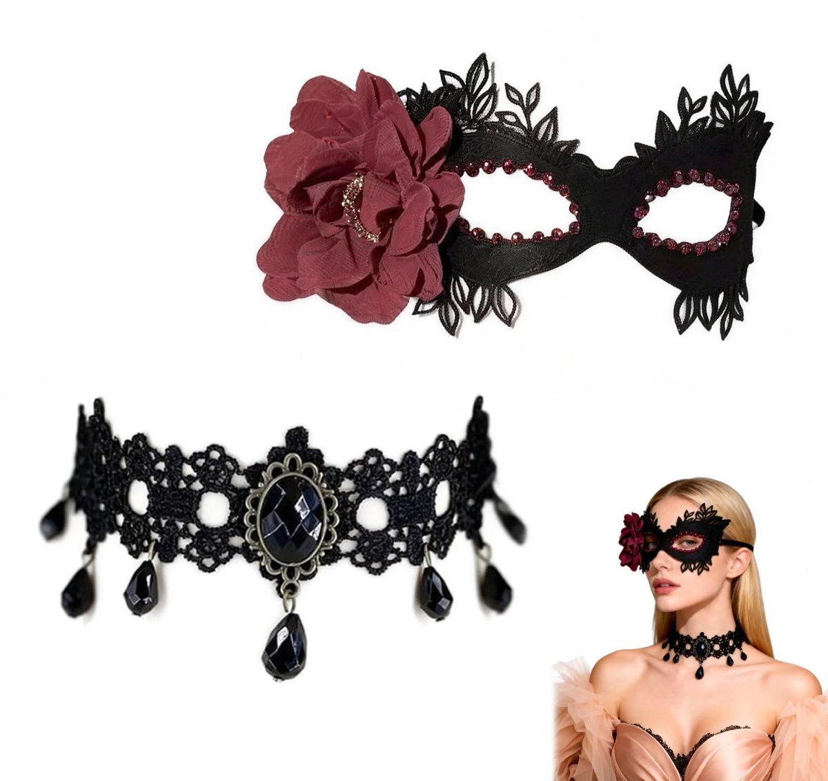 Dailygoods - Venetiaans Masker Set Dames Zwart Rood - Kunstleer Masker met Rode Bloemen