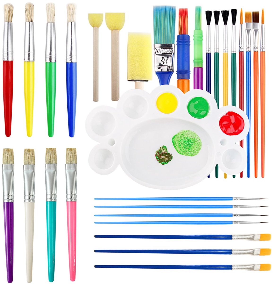 Dailygoods- Schilderpenselen Set van 30 - Kleurrijke Penselen - Verschillende Maten - Verfpaletten - Hoogwaardige Borstels - Creativiteit Stimuleren - Verfpenselen