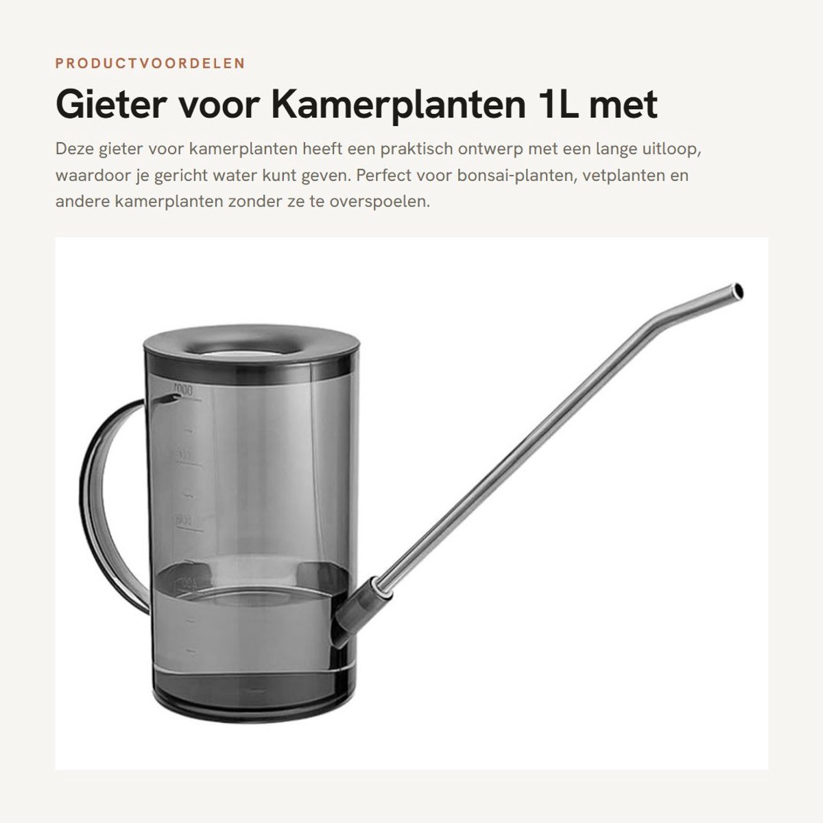 Dailygoods- Gieter 1 Liter - Gieter Binnen - Gieter voor Kamerplanten - Kleine Gieter - Gieter met Lange Uitloop - Hoogwaardig Materiaal - Plantenbewateringskan