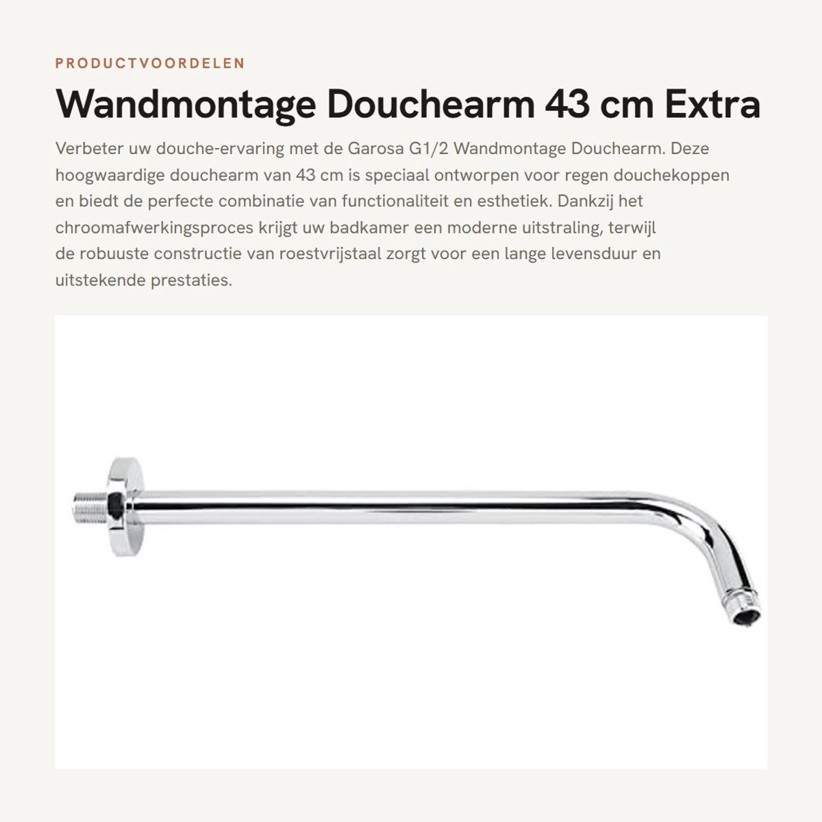 Dailygoods- Douchearm 43 cm - Roestvrij Staal - Extra Lange Douchekop - Wandmontage - G1/2 Draad - Eenvoudige Installatie - Douchearmatuur