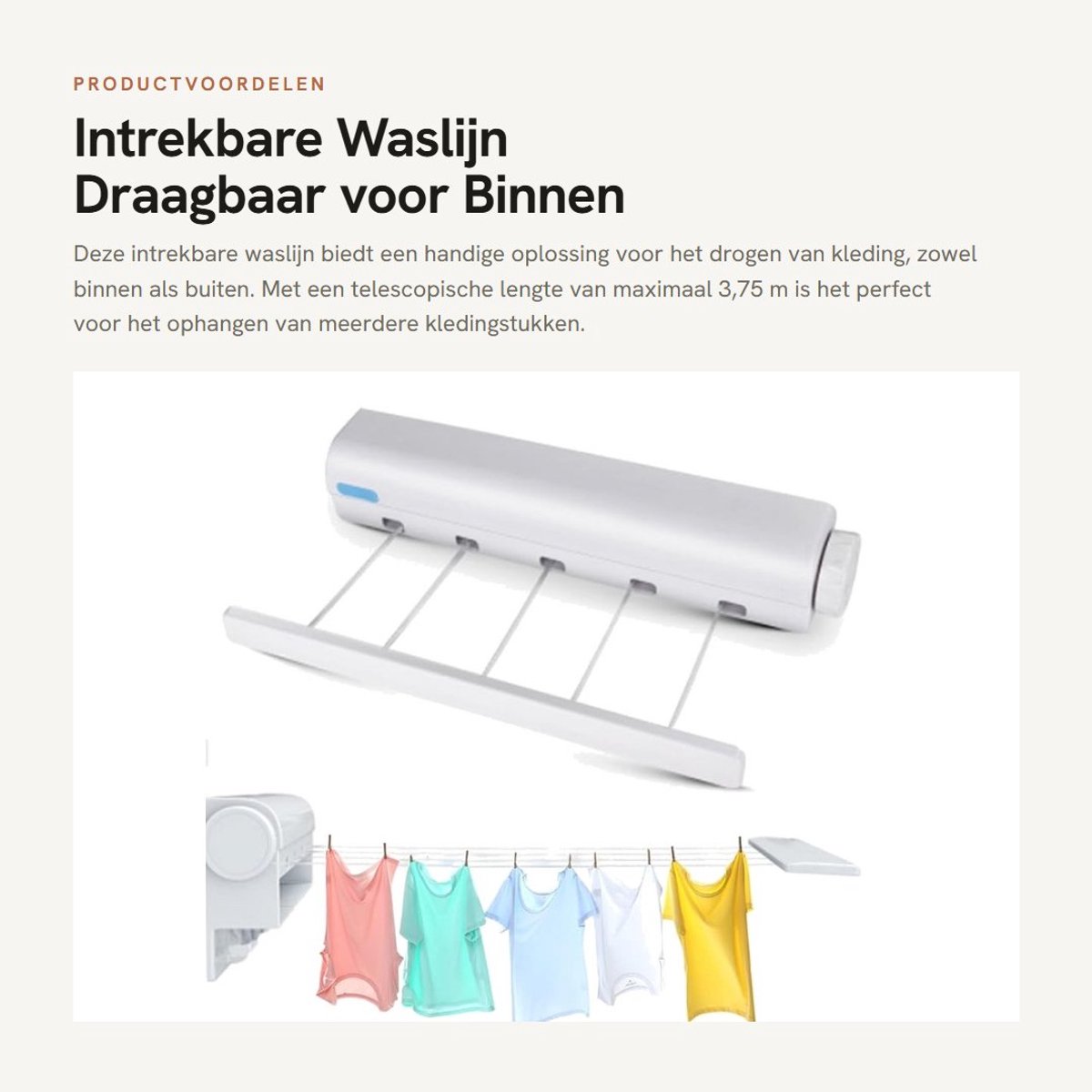 Dailygoods- Waslijn Uittrekbaar 3,75 m - Wanddroogrek - Draagbare Waslijn - Ruimtebesparend - Multifunctioneel Ontwerp - Eenvoudige Installatie - Drooglijn