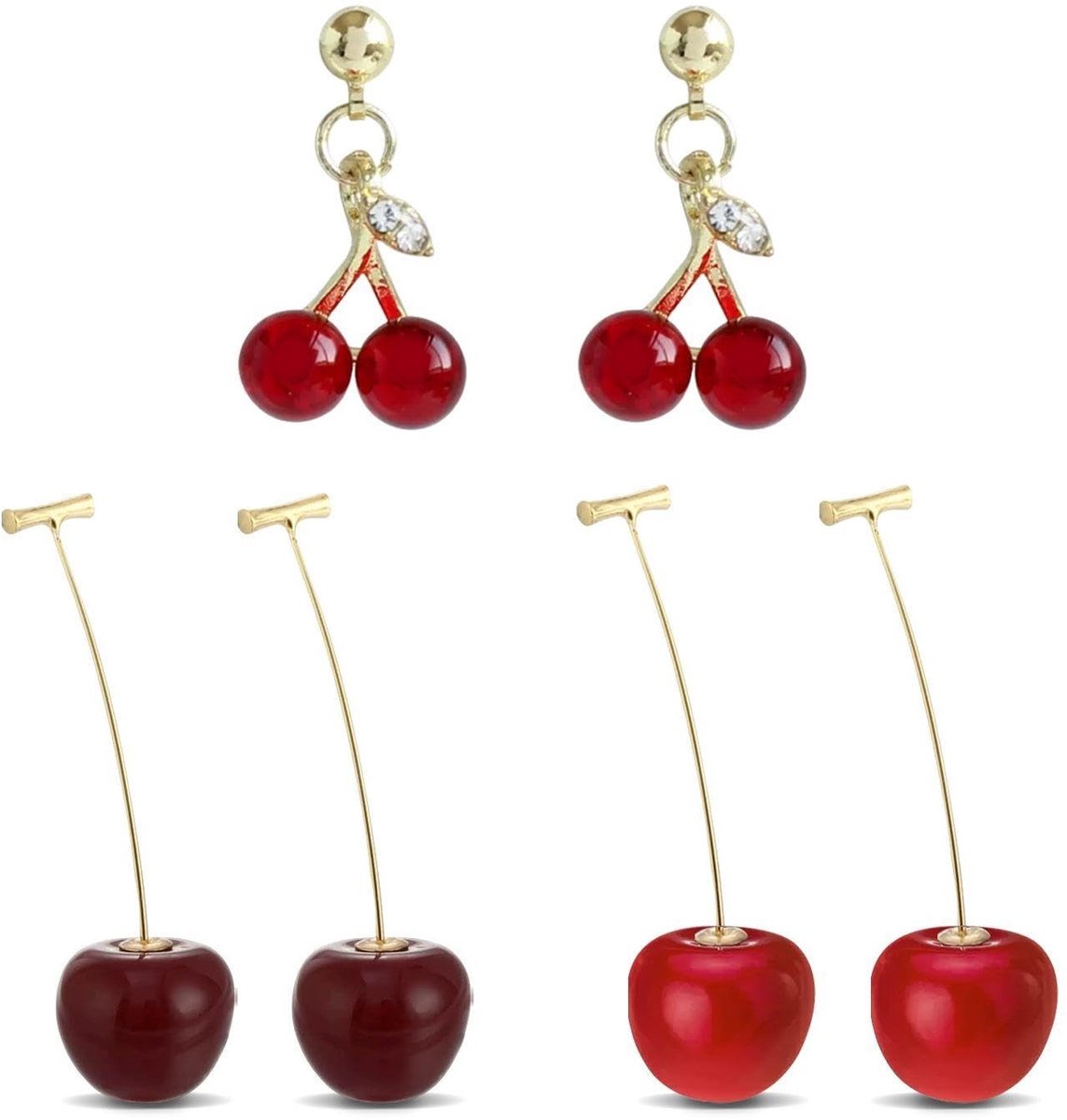 Dailygoods- Kersenoorbellen 3 Paar - Kersenhangers - Oorbellen Dames - Oorbellen Meisje - Legering - 2,1 cm