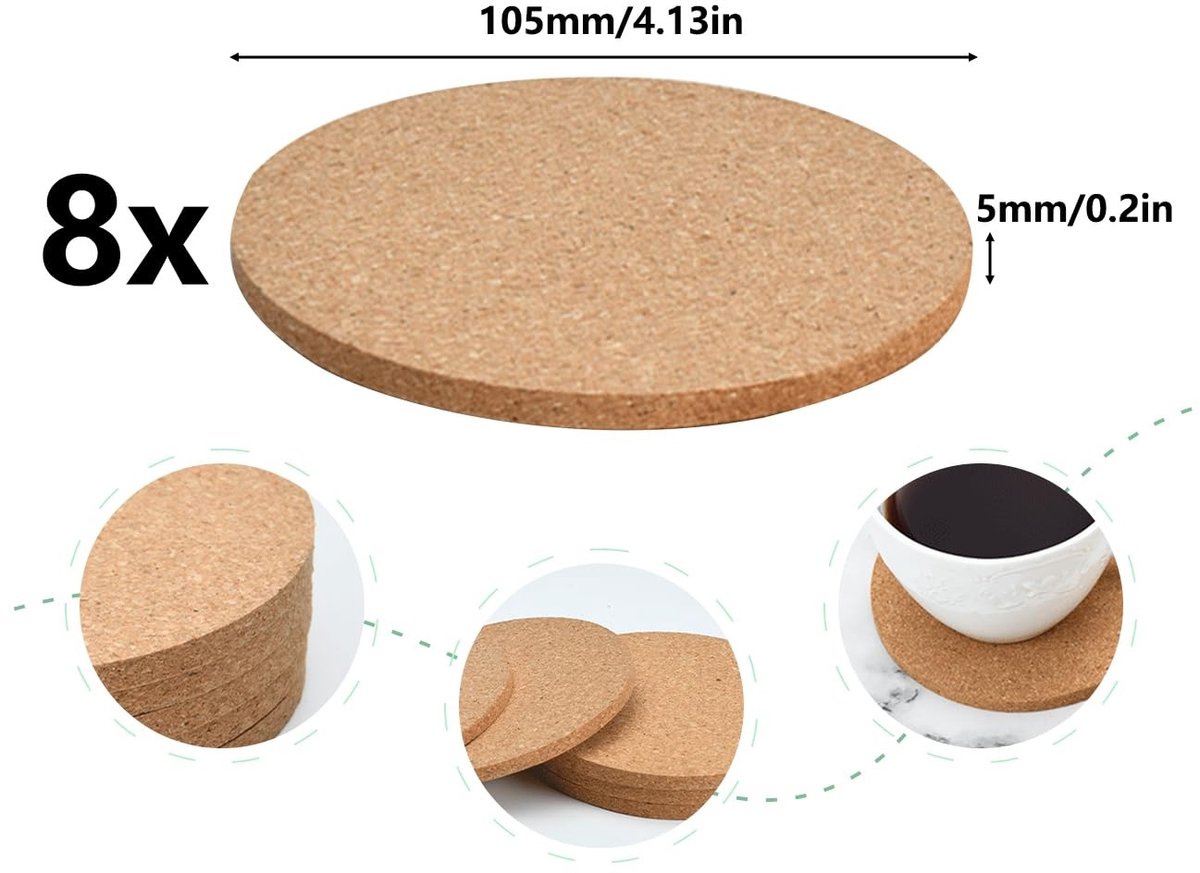 Dailygoods- Kurken Onderzetters - Set van 8 - Antislip - Herbruikbaar - Onderzetters voor Glazen - 105 x 5 mm - Hoogwaardige Kwaliteit