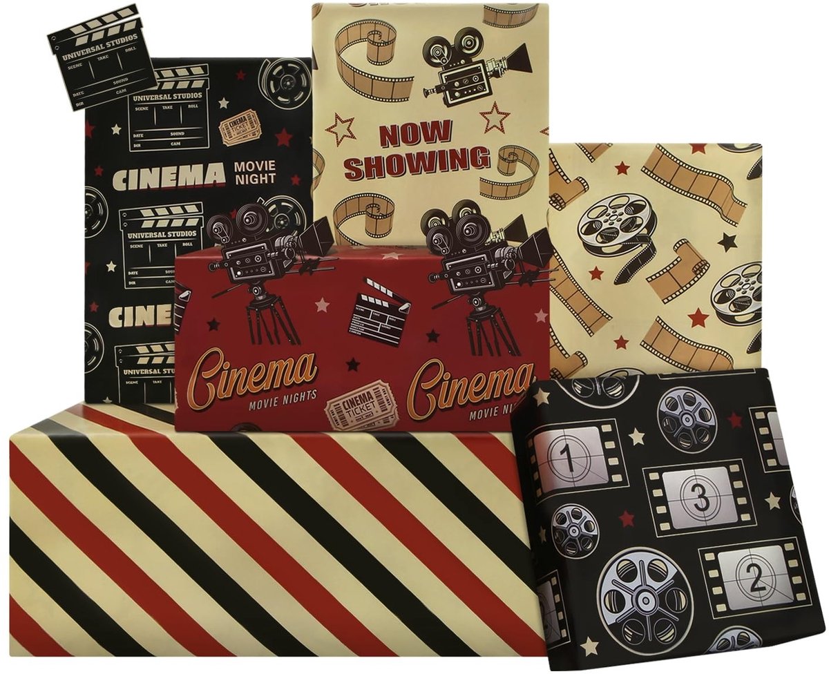 Dailygoods- Inpakpapier Set van 6 Vellen 50x70cm - Vintage Film Thema - Bioscoop/Film Reel - Cadeaupapier Verjaardag - Premium Kwaliteit - Unieke Ontwerpen