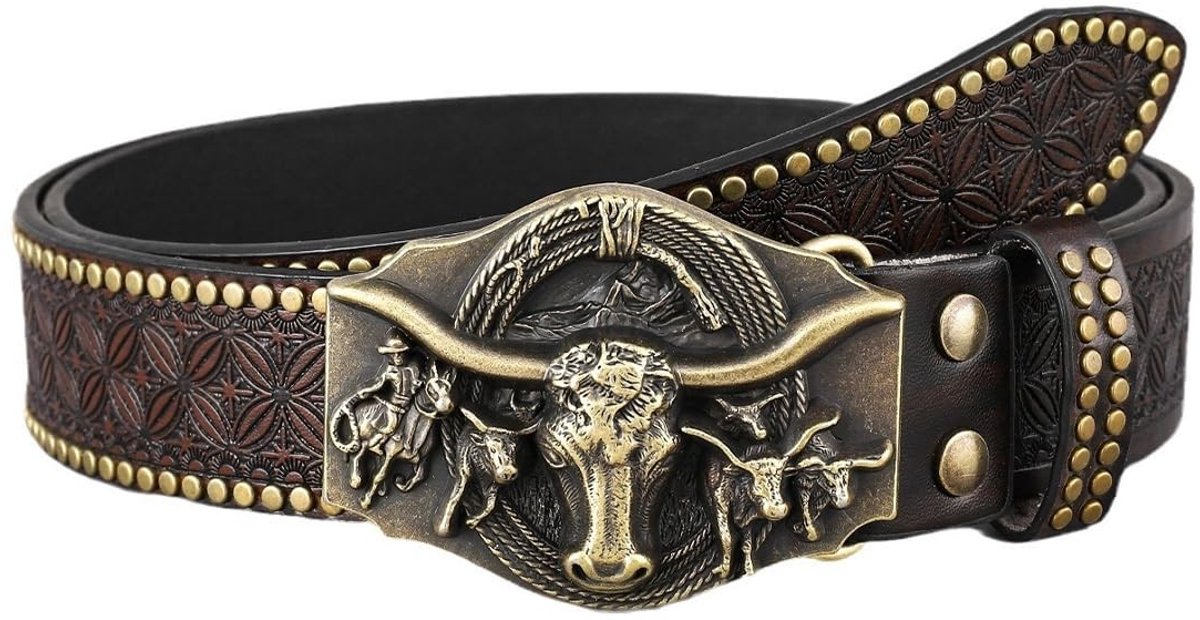 Dailygoods- Leren Riem - Cowboy/Cowgirl Riem - Bloemen Gegraveerd - Vintage Western Ontwerp - Gouden/Zilveren Studs - Uniek Patroon - Cowboyriem