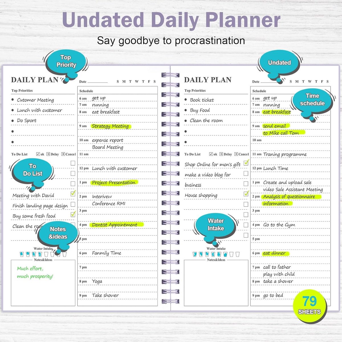 Dagelijkse Planner - Agenda Notitieboek - Productiviteit Verhogend - Onge dateerd Ontwerp - A5 Formaat - Paars